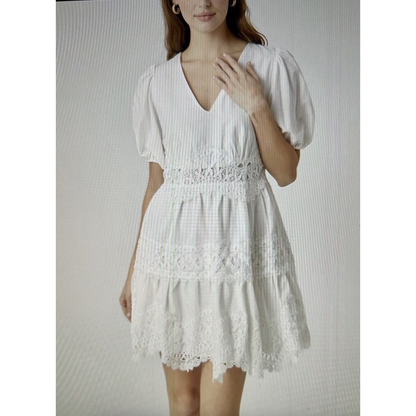ENDLESS ROSE White Puff Sleeve V-Neck Lace Trim Mini Dress S