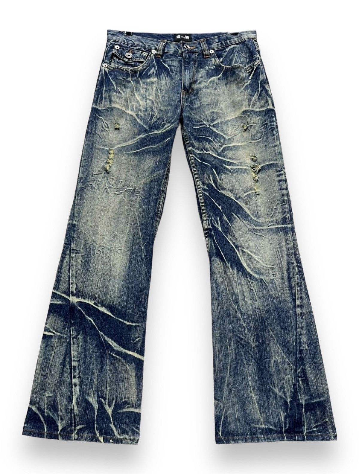 If Six Was Nine NYLAUS Punk Xantho Mud Wash Lightning Whiskered Flare Denim Size US 31 - 1 Thumbnail