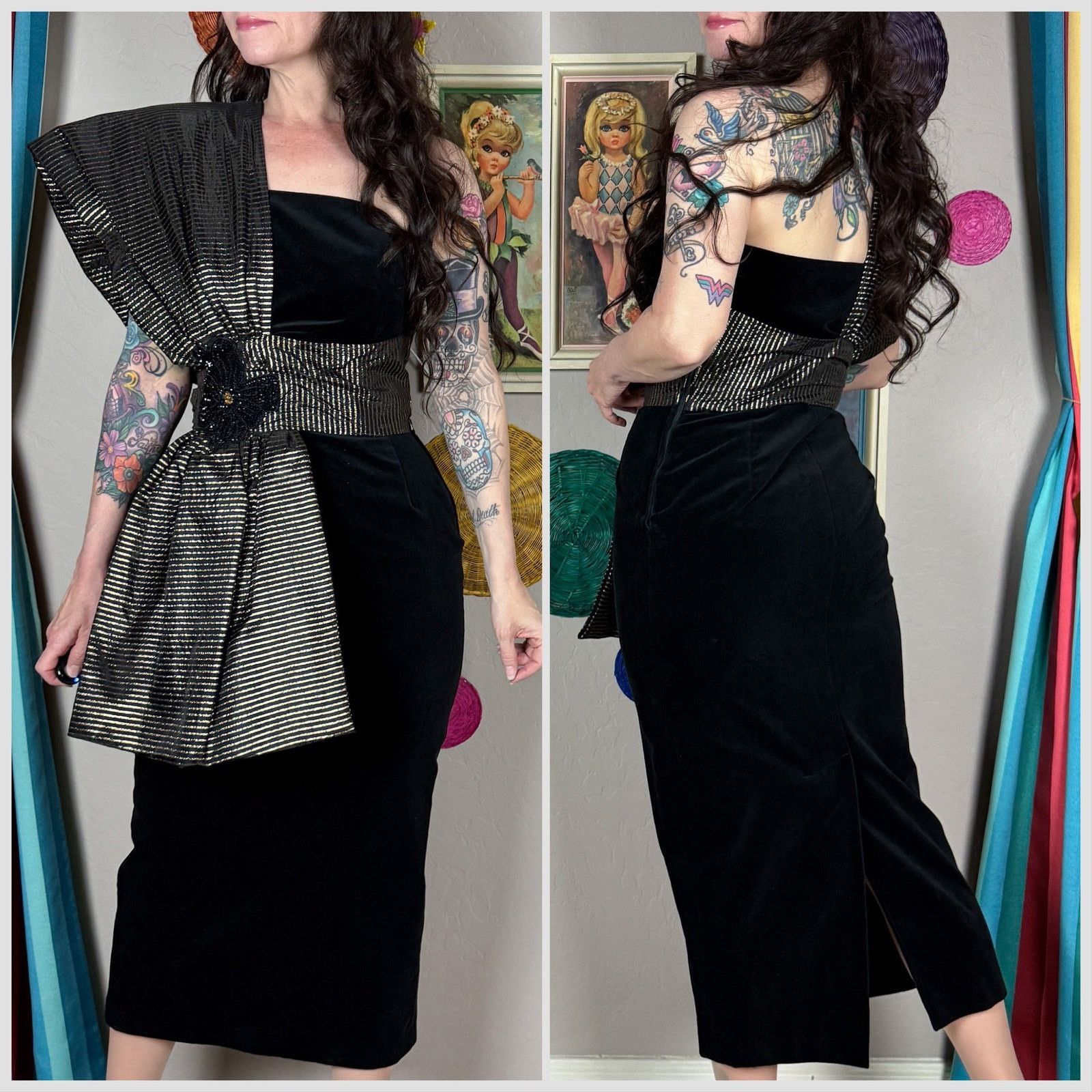 Vintage 1980s Black Velvet Gold Striped Bow One Shoulder Dress Size XS / US 0-2 / IT 36-38 - 3 Thumbnail