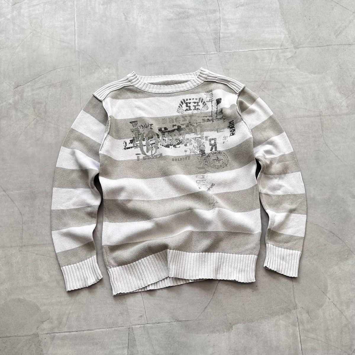 Striped Poem Printed Knit Sweater CDG Junya Watanabe Vibe
