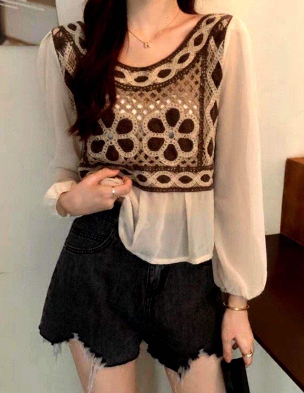 Japanese Brand × Vintage Vintage Punk Chiffon Floral Crochet Knit Embroidery Blouse Size ONE SIZE - 4 Thumbnail