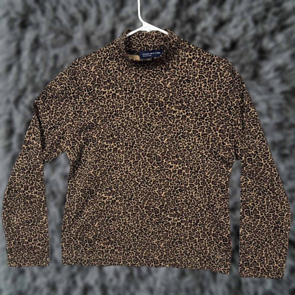Jones New York Jones New York Signature Shirt Le​opard Print Mock Neck Long Sleeve Brown Large Womens Jersey 100% Cotton Vintage? No Size L / US 10 / IT 46 - 1 Thumbnail