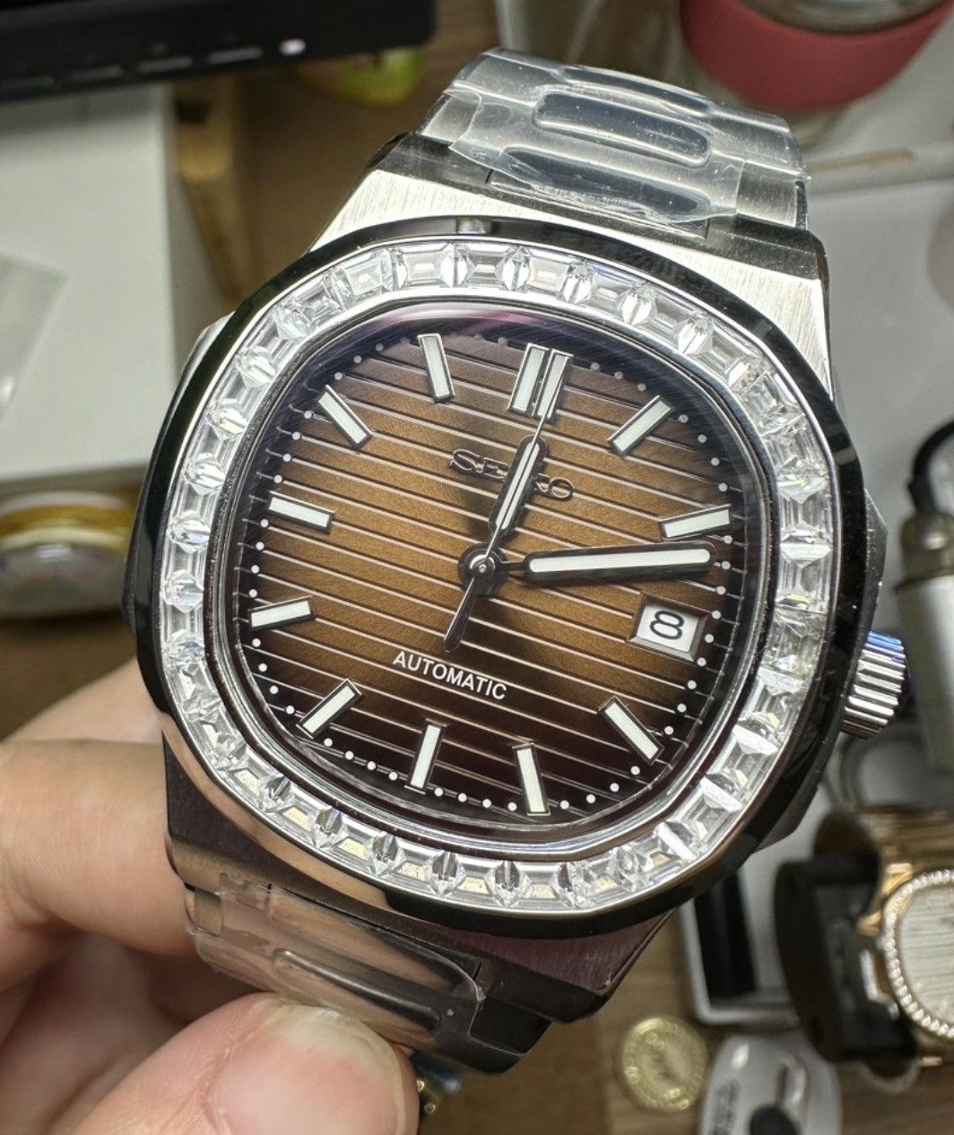 Japanese Brand Seiko Mod Nautilus Brown Dial Diamond Steel Watch NH35 41mm Size ONE SIZE - 3 Thumbnail