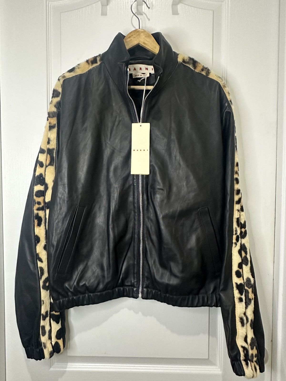 Marni Marni - Leopard-Print Faux Fur-Trimmed Leather Jacket Size US M / EU 48-50 / 2 - 1 Thumbnail