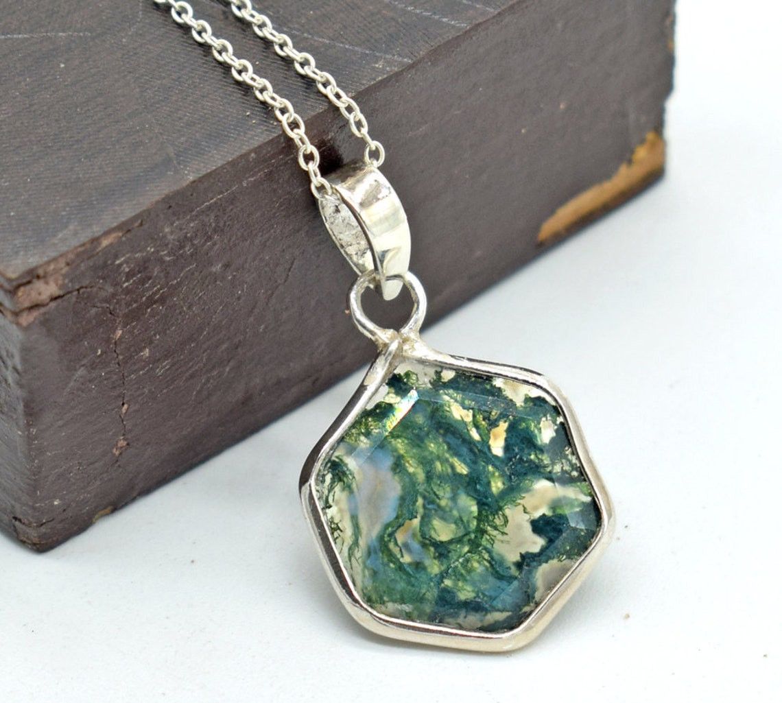 Handmade Natural Moss Agate 925 Silver Pendant Necklace - 18 Inch Size ONE SIZE - 3 Thumbnail