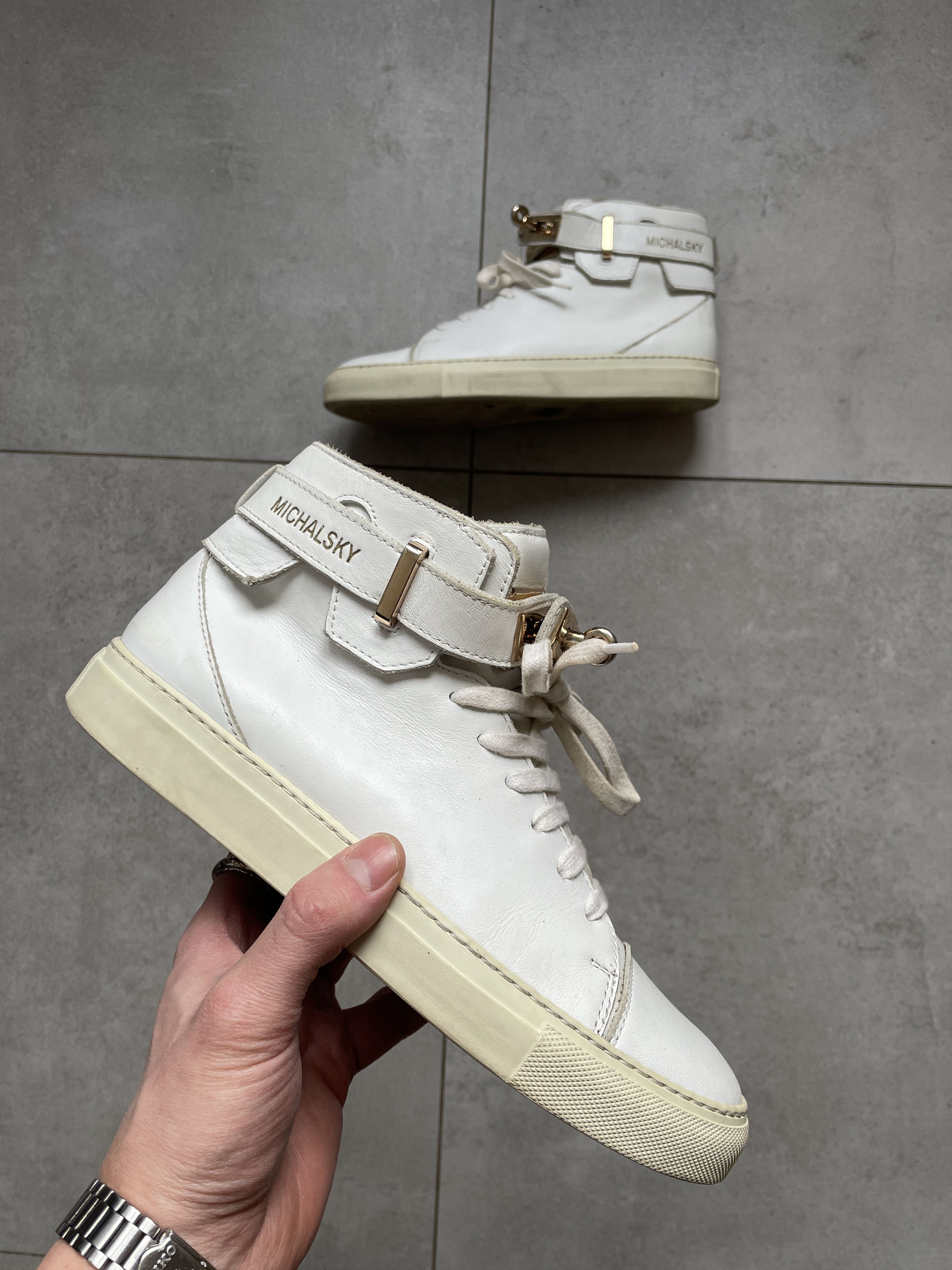 Balenciaga MICHALSKY ARENA TYPE WHITE LEATHER STRAP VELCRO HI TOPS Size US 8 / EU 41 - 1 Thumbnail