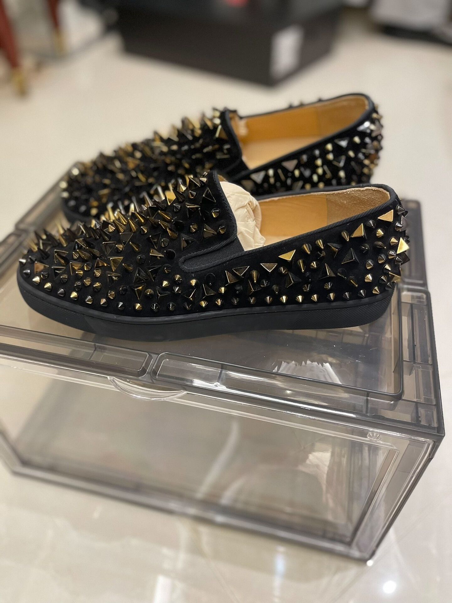 Christian Louboutin Black Gold Spike Slip-ons