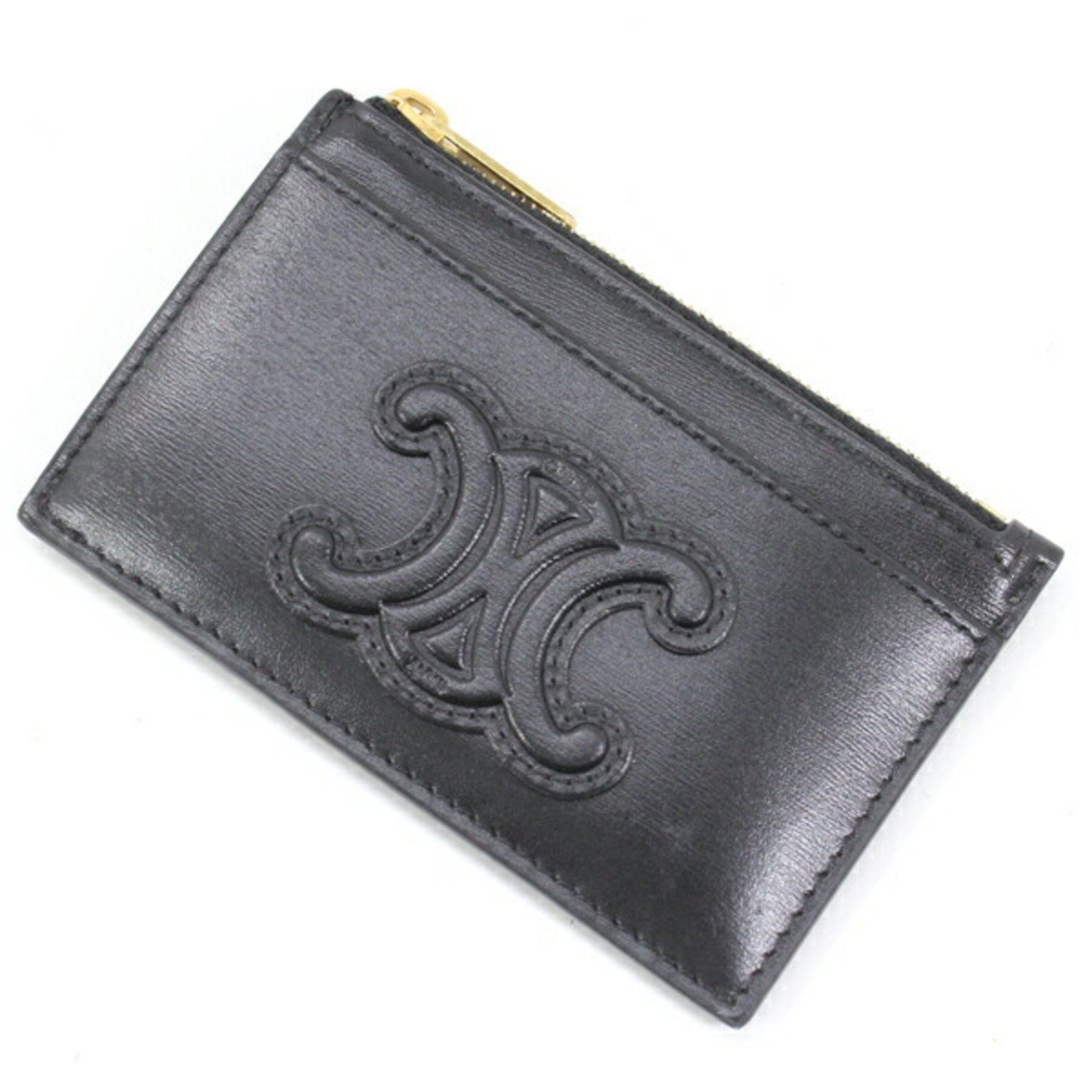 image of Celine Wallet Wallet/coin Case Business Card Holder/card Black Zippered Holder Cuir Triomphe 10K583