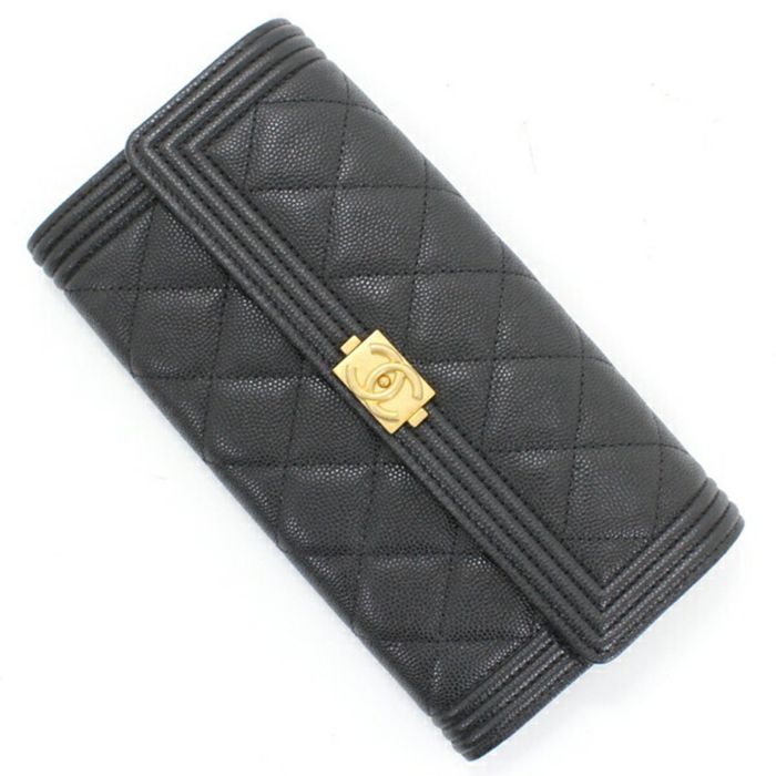 Chanel Chanel Long Wallet Bifold Boy Black Leather Caviar Skin Quilted Coco  Mark Ladies A80286 BOY CHANEL