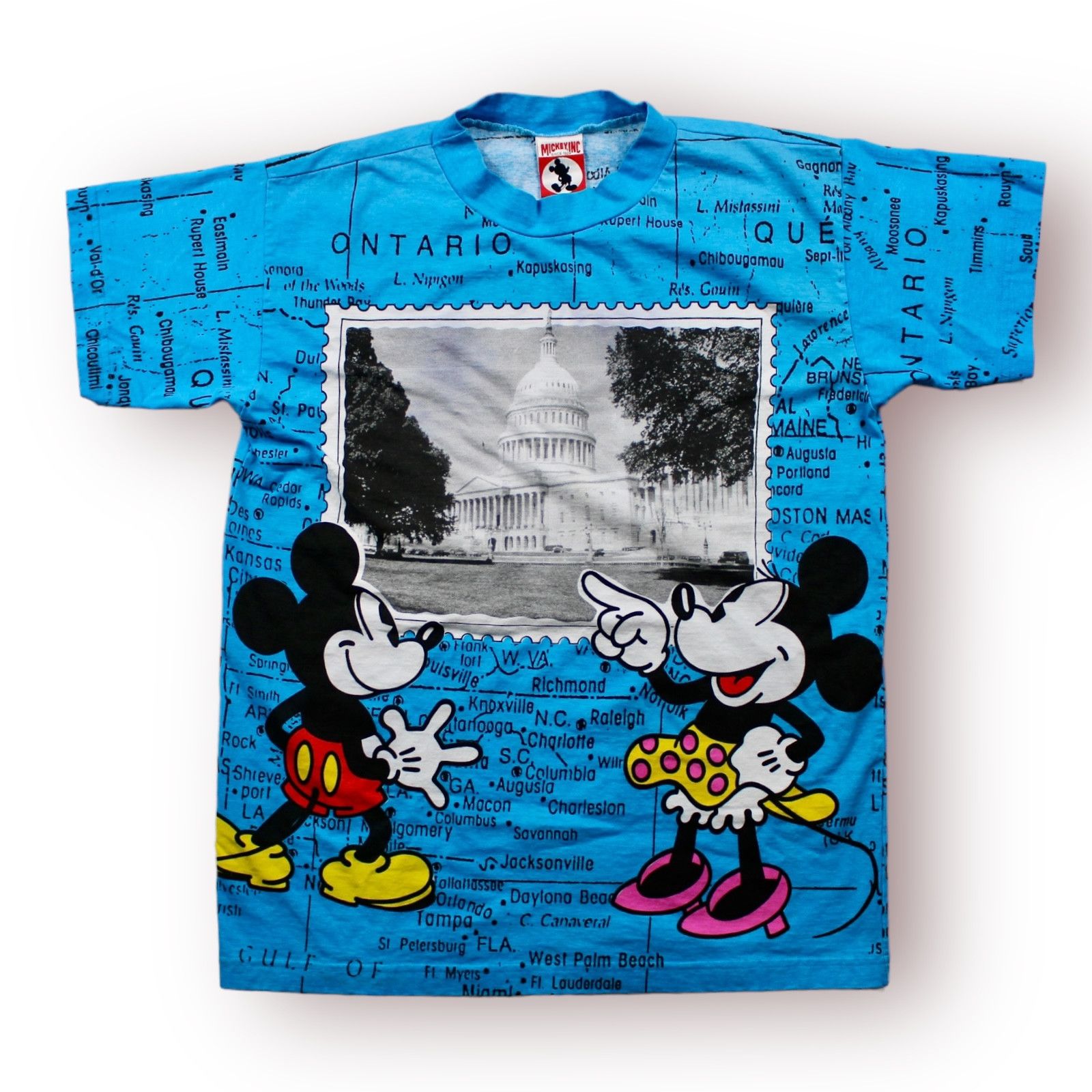 image of Disney x Mickey Inc Vintage Mickey Capitol Building Map 90's All-Over T-Shirt in Blue (Size Large)