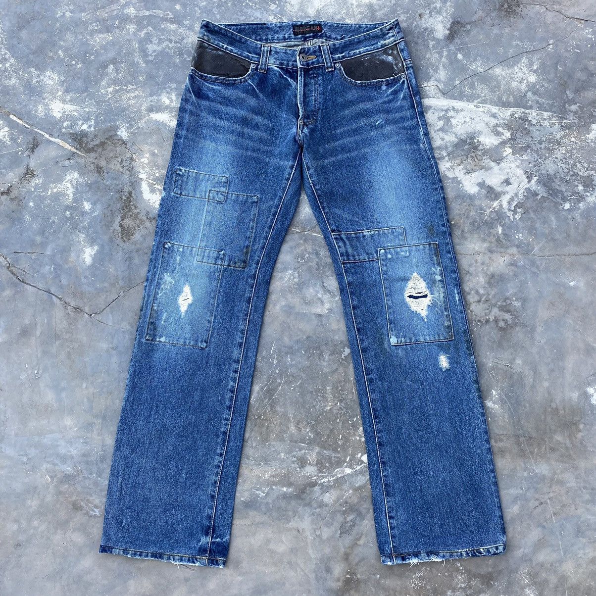 Morgan homme patchwork distressed denim leather pocket