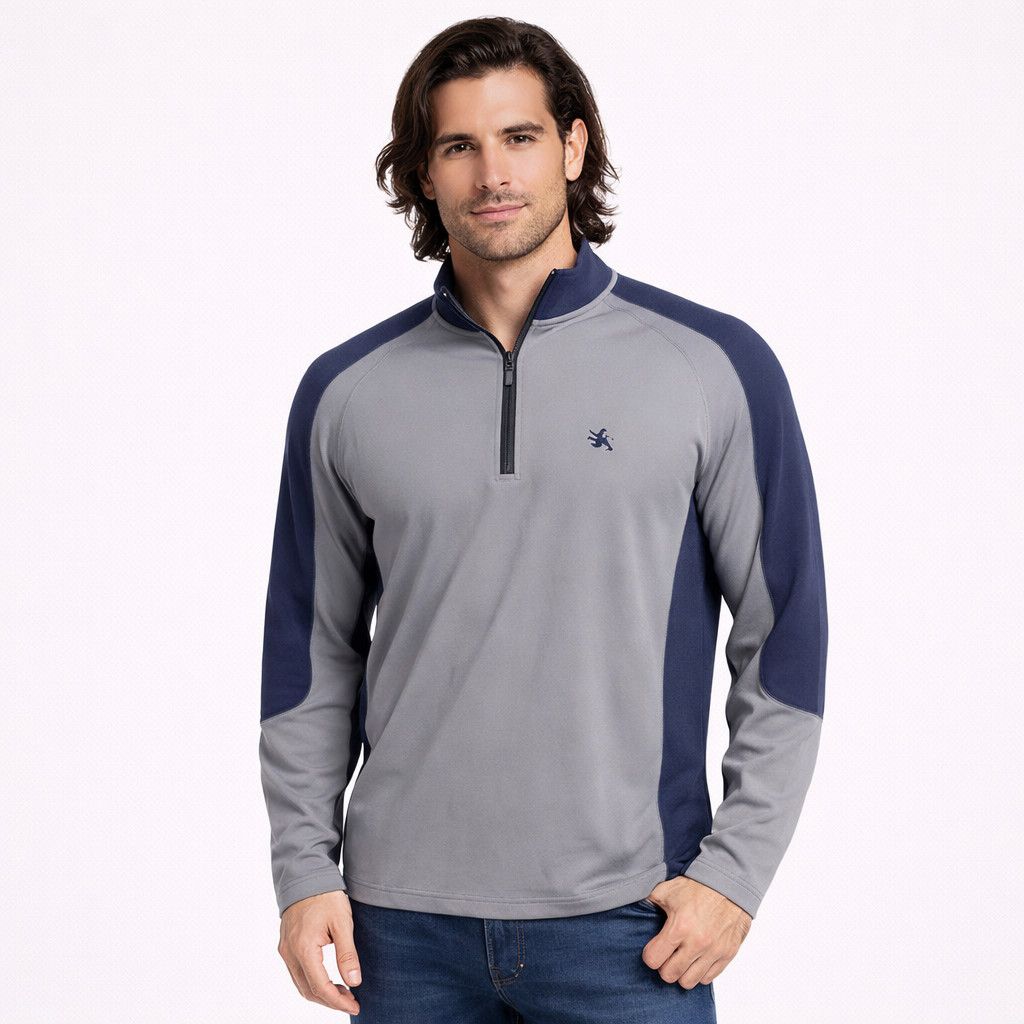 Express Gray/Navy Colorblock Logo Half-Zip Long Slv Mock Neck Top Size US XL / EU 56 / 4 - 1 Thumbnail