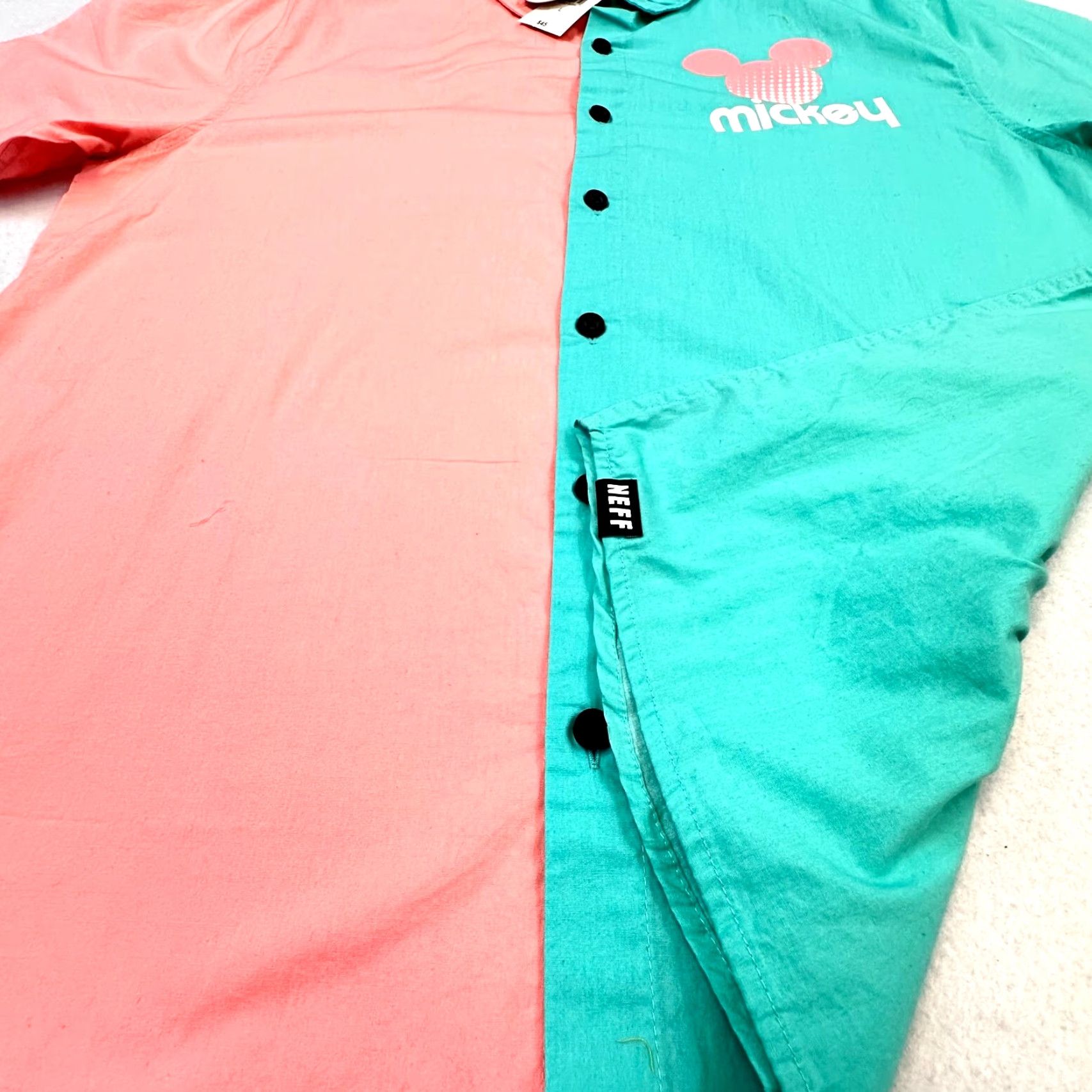Disney Disney Neff Mickey Button-Down Short Sleeve Colorblock Shirt Mens L Pink Teal Aqua Multicolor 90s Theme Usa Cartoon Casual Hawaii Size US 33 - 7 Thumbnail