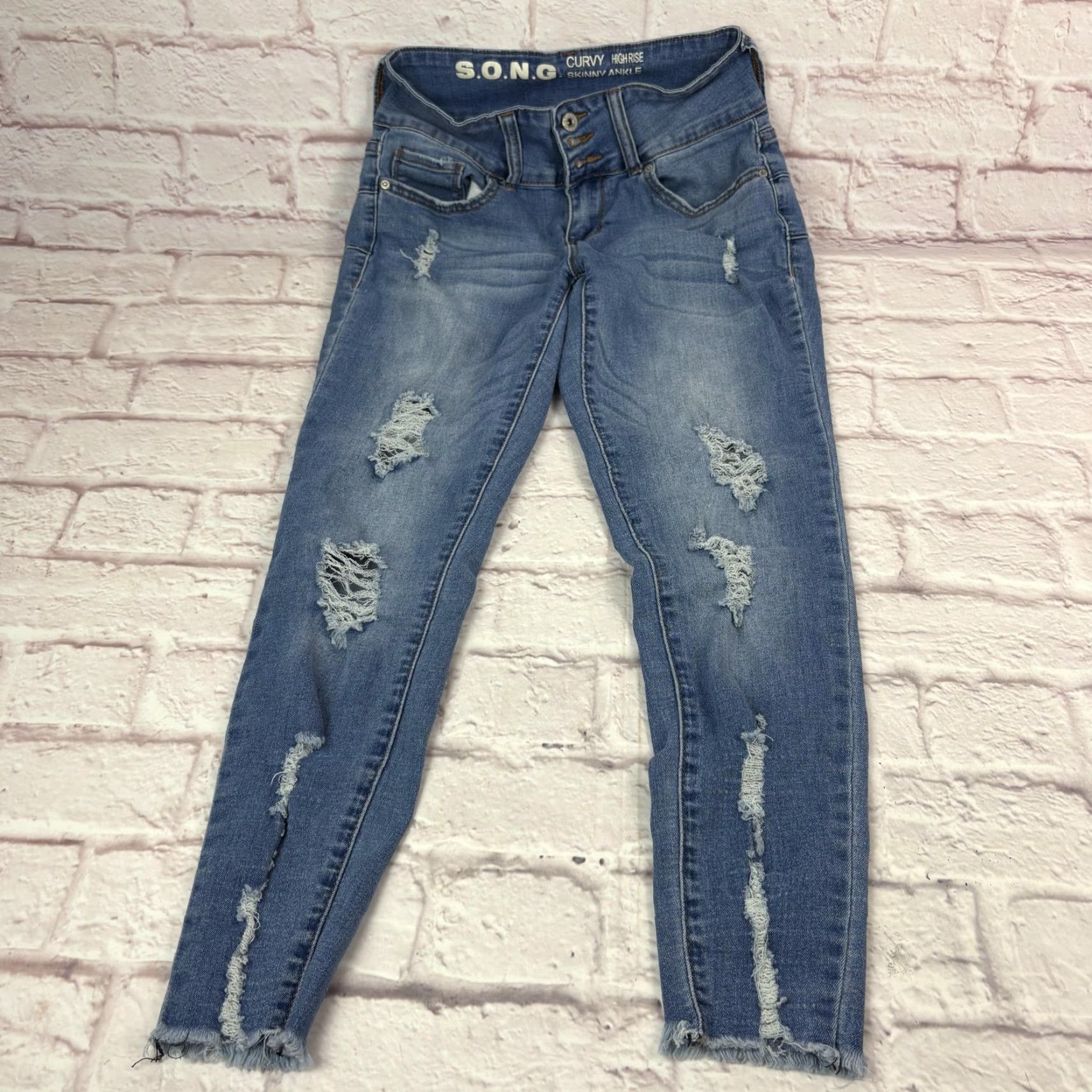 Vintage S.O.N.G. Jeans Juniors 7/28 Blue Curvy Skinny Ankle Distressed Raw Hem 26x25 Size 28" / US 6 / IT 42 - 2 Thumbnail