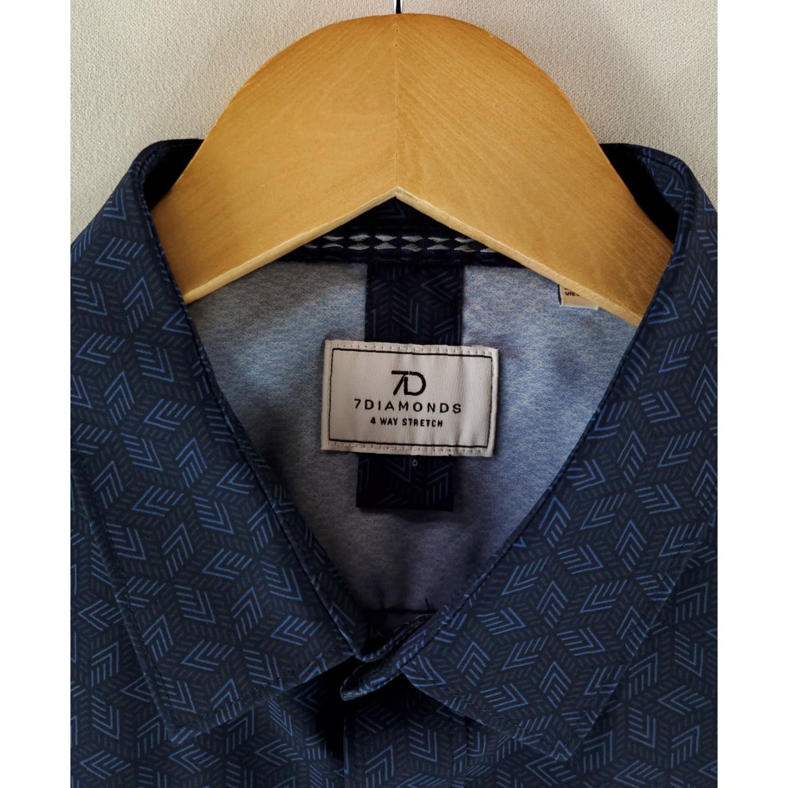Vintage 7 Diamonds Shirt Geometric 4 Way Stretch Short Sleeve Button Up Mens M Blue Size US M / EU 48-50 / 2 - 2 Thumbnail