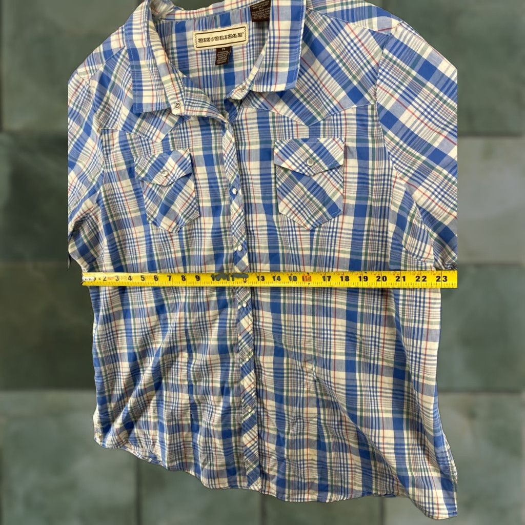 Vintage Bit & Bridle Mens Shirt 2XL Blue Plaid Cowboy Pearl Snap Short Sleeve Shirt Mens 2XL Blue Plaid Cowboy Pearl Snap Short Sleeve Size US XXL / EU 58 / 5 - 1 Thumbnail