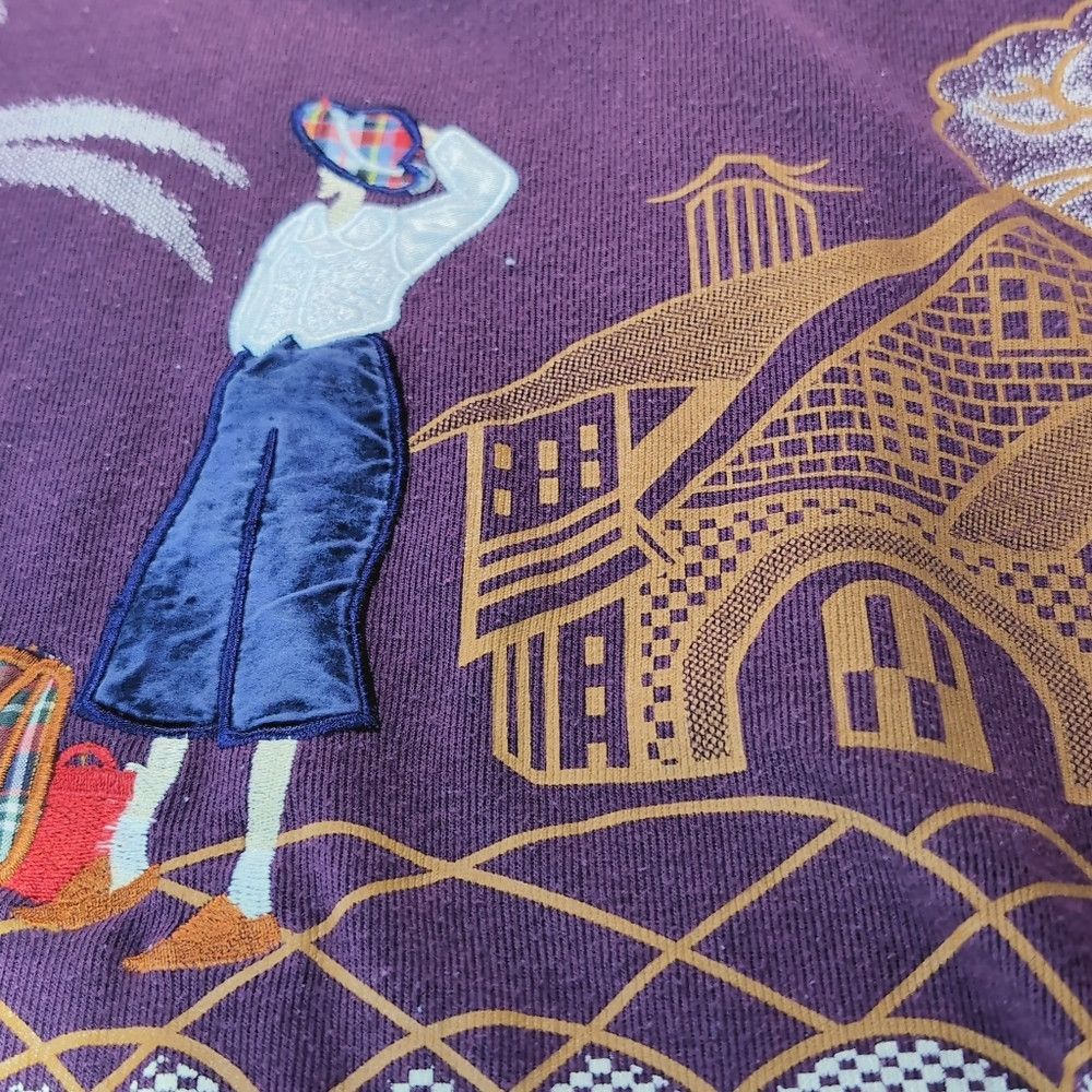 Designer Ornate Tropical Vacation Scene Purple Sweater w Satin Accen Size L / US 10 / IT 46 - 5 Thumbnail