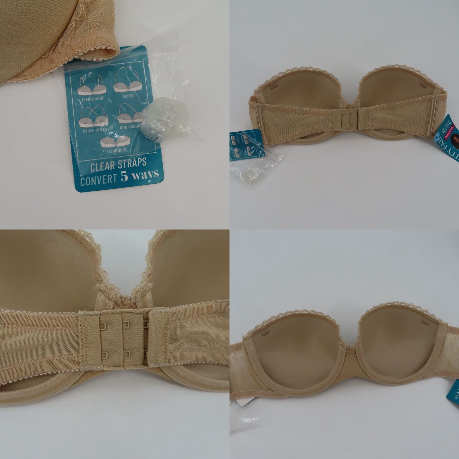 Vintage Vanity Fair 34C Bra Gel Touch Strapless Convertible Underwire NEW Beige Solid Women Size ONE SIZE - 8 Thumbnail