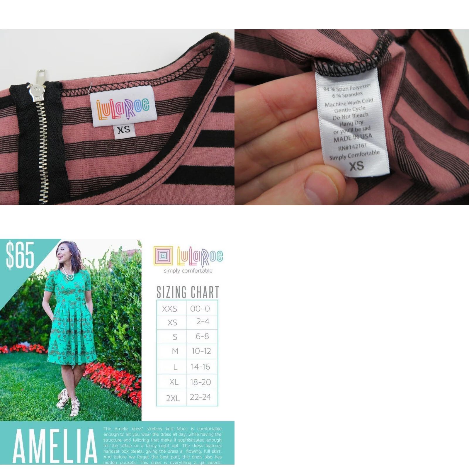 Vintage LuLaRoe Women's Amelia Dress XS Pink Brown Striped Fit & Flare A-Line Size XS / US 0-2 / IT 36-38 - 8 Thumbnail