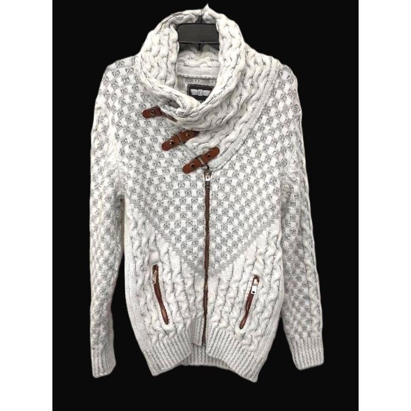 Designer Leif Nelson Ecru Grey Shawl Collar Buckle Strap Cardigan M Size US M / EU 48-50 / 2 - 9 Thumbnail