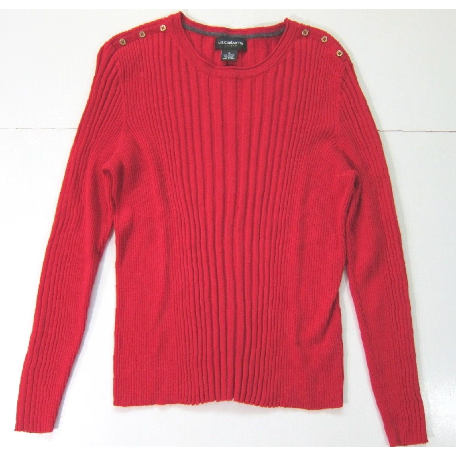 Liz Claiborne Liz Claiborne Career Red Ribbed Cotton Stretch Gold Button Crew Neck Sweater XL Women Knit Pullover Size XL / US 12-14 / IT 48-50 - 2 Thumbnail