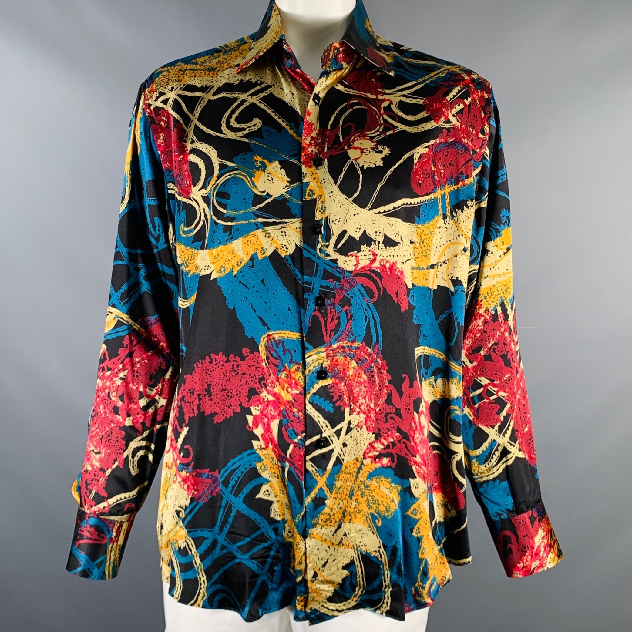 image of Billionaire Couture Black Multicolor Print Silk Long Sleeve Shirt, Men's (Size XL)