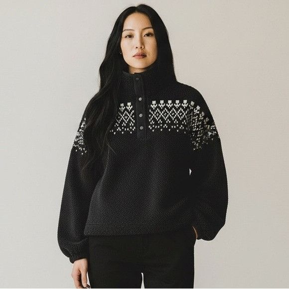 Loft LOFT Black Embroidered Fair Isle Sherpa Teddy Pullover Sweat Size XL / US 12-14 / IT 48-50 - 1 Thumbnail