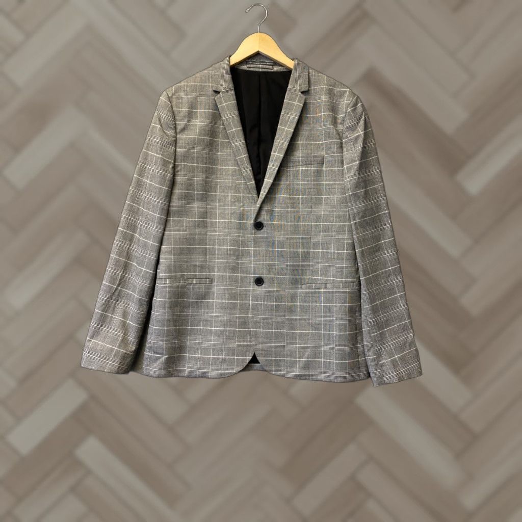 H&M VINTAGE H&M Grey Plaid Blazer Sports Coat Men's Skinny Fit 44 Regular Size 44R - 1 Thumbnail