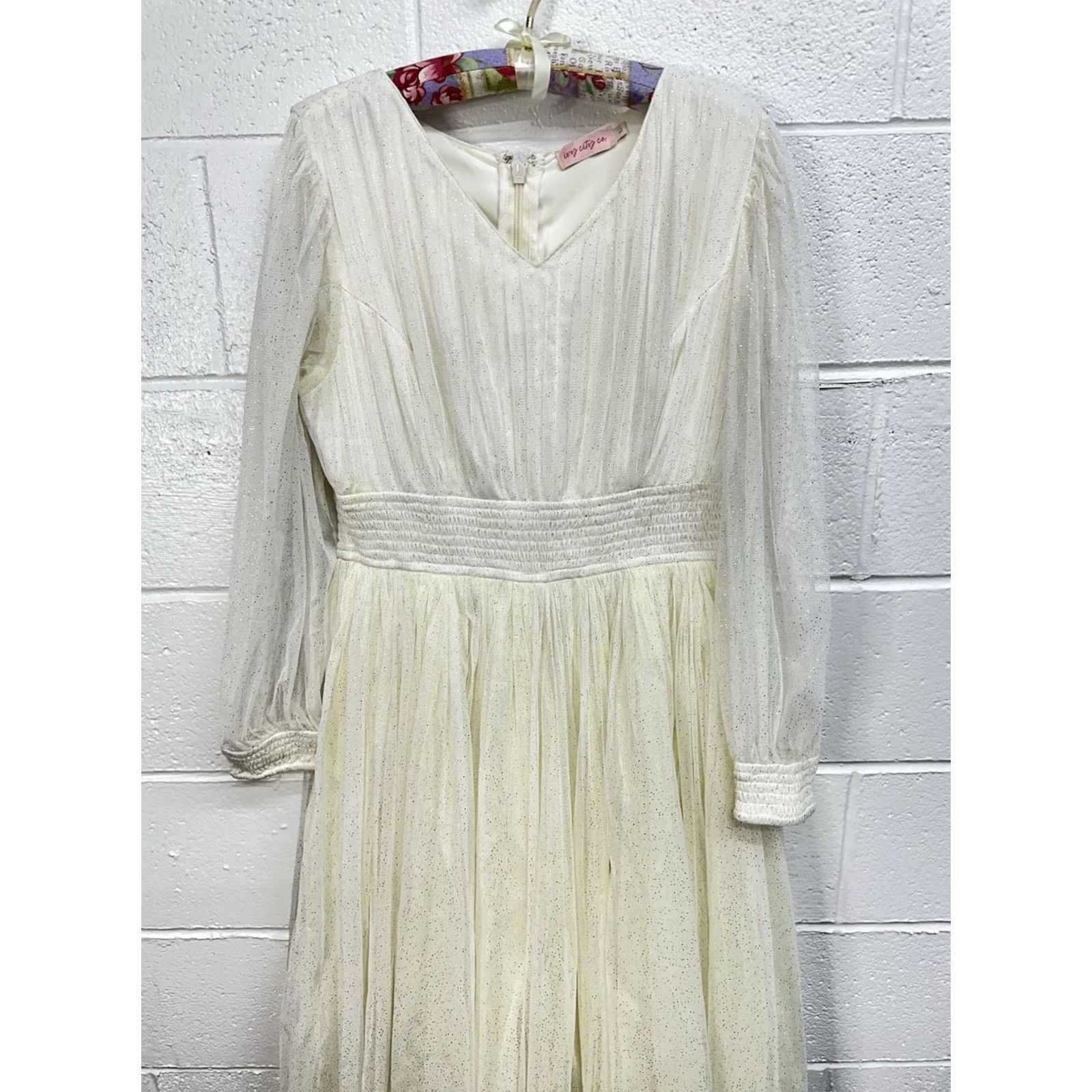 Vintage Ivy City Co. Steal Tulle Cream & Gold Glitter Long Sleeve Dress Women's Large Size L / US 10 / IT 46 - 3 Thumbnail