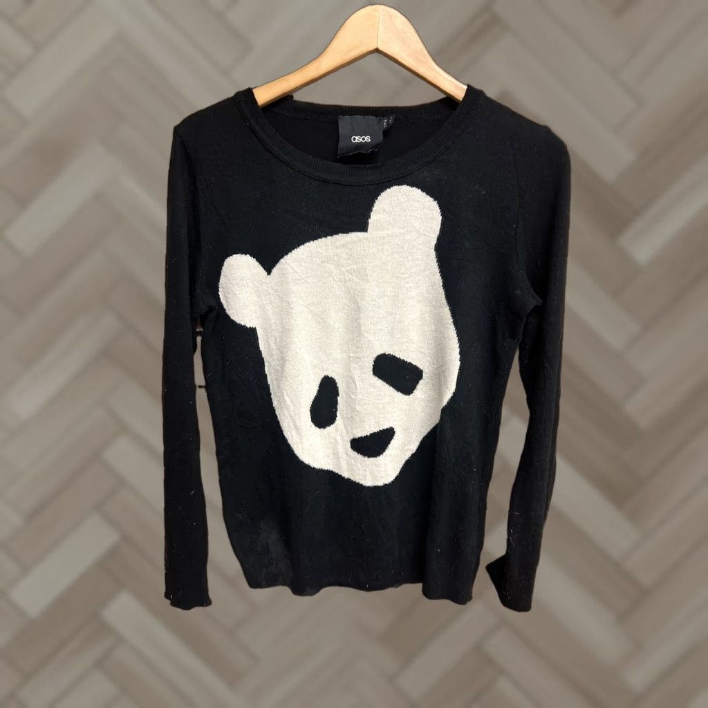 Asos ASOS Sweater Womens 4 Black Crew Neck Long Sleeve Pullover 4 Regular Cotton Knit Panda Bear Pattern Ladies Size S / US 4 / IT 40 - 1 Thumbnail