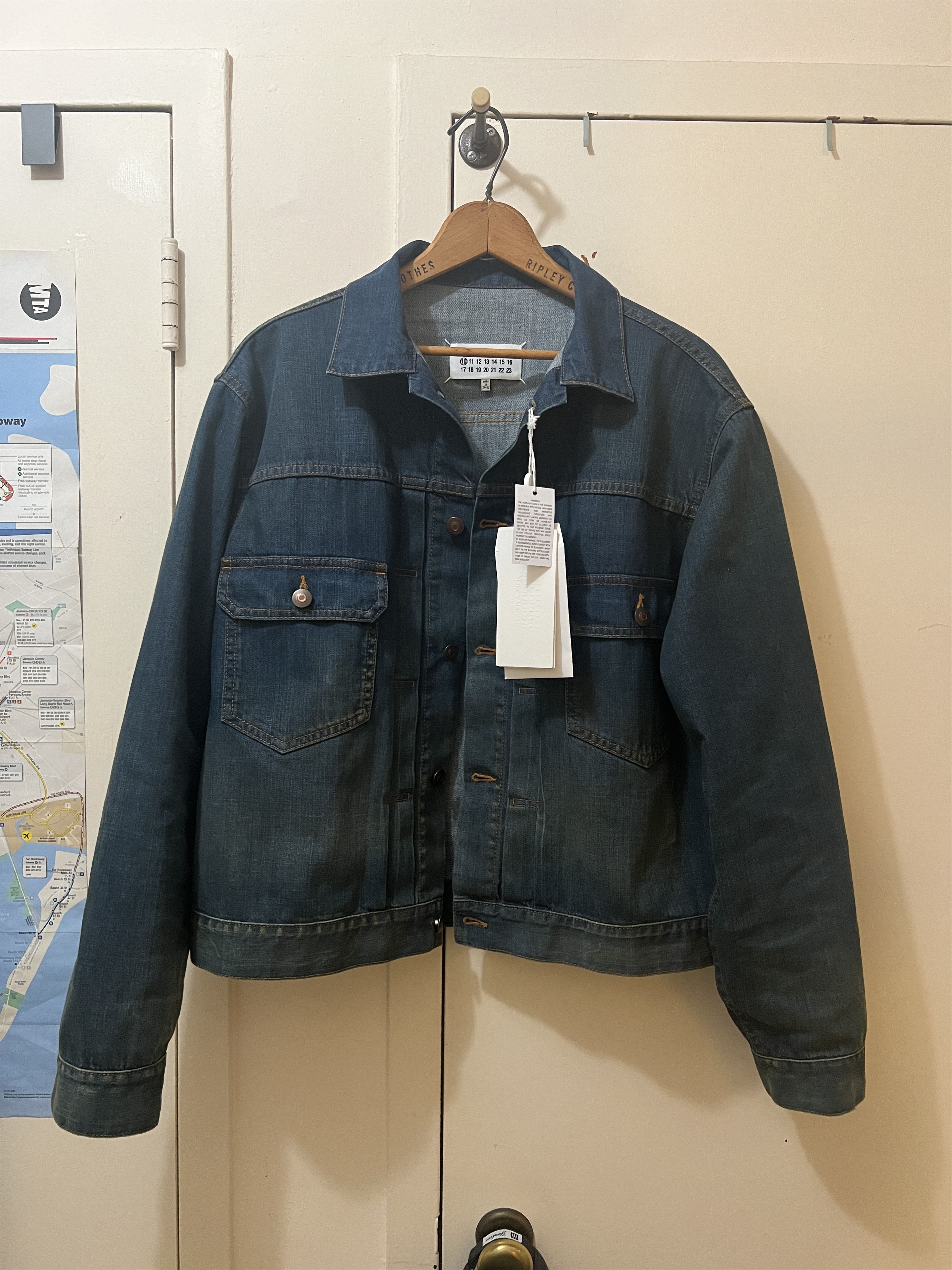 image of Maison Margiela Dirty Effect Pleated Denim Jacket in Blue, Men's (Size Medium)