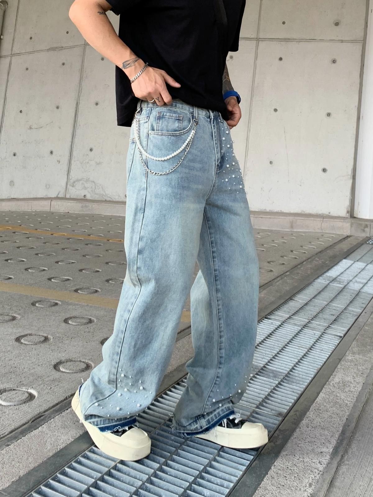 Japanese Brand Blue Distressed Wide Leg Jeans with Pearl Detailing Size US 32 / EU 48 - 2 Thumbnail