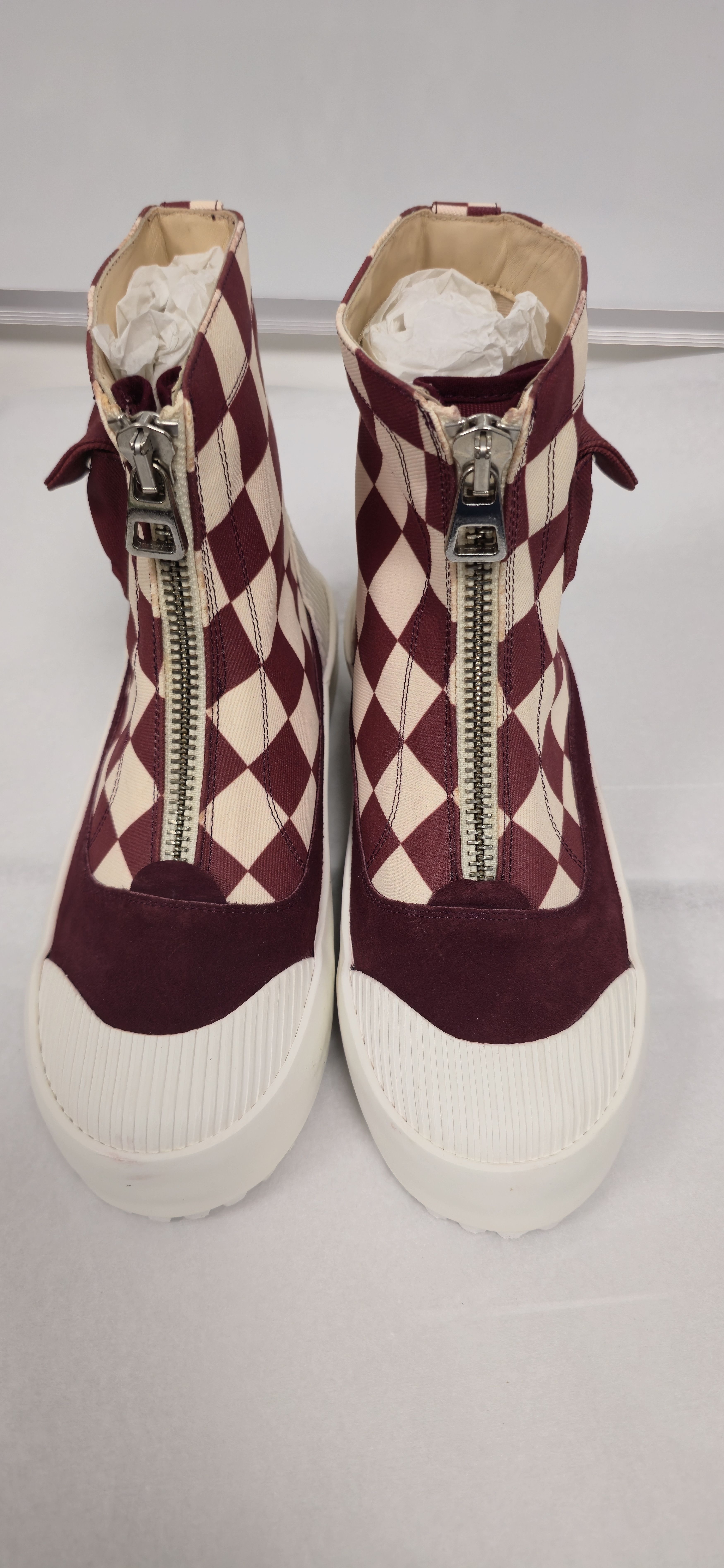 Burgundy Checkerboard Zip Cargo Pocket Boots RRP $400+