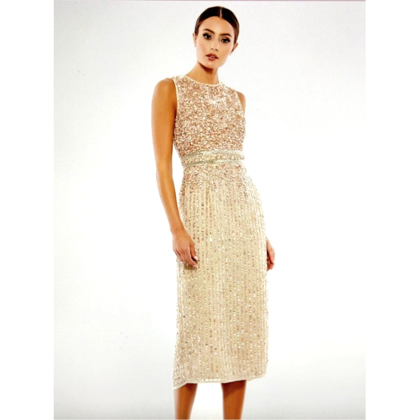 Other Mac Duggal Sleeveless High Neck Beaded Midi Dress Nude 4 Size S / US 4 / IT 40 - 2 Thumbnail
