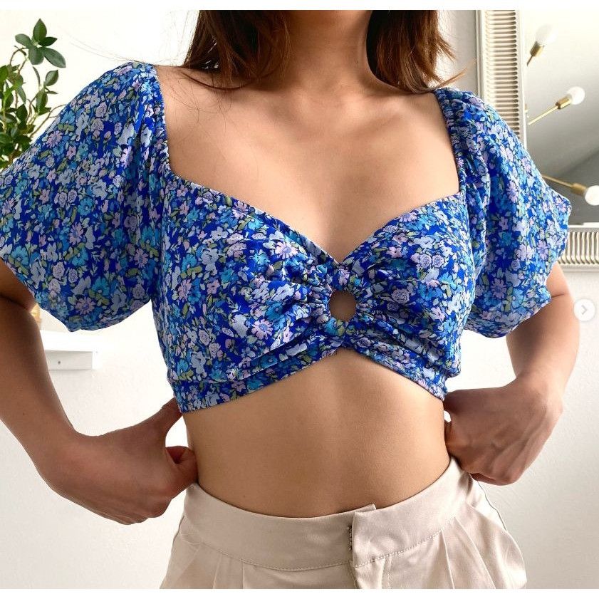 Other Wild Fable Womens Juniors Crop Top Puff Sleeve Lace Back Blu Size XL / US 12-14 / IT 48-50 - 8 Thumbnail
