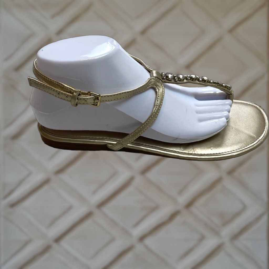 Vintage Bandolino Sandals Womens 8.5 Gold Flat Slingback Strappy Gem Straps Leather Size US 8.5 / IT 38.5 - 1 Thumbnail