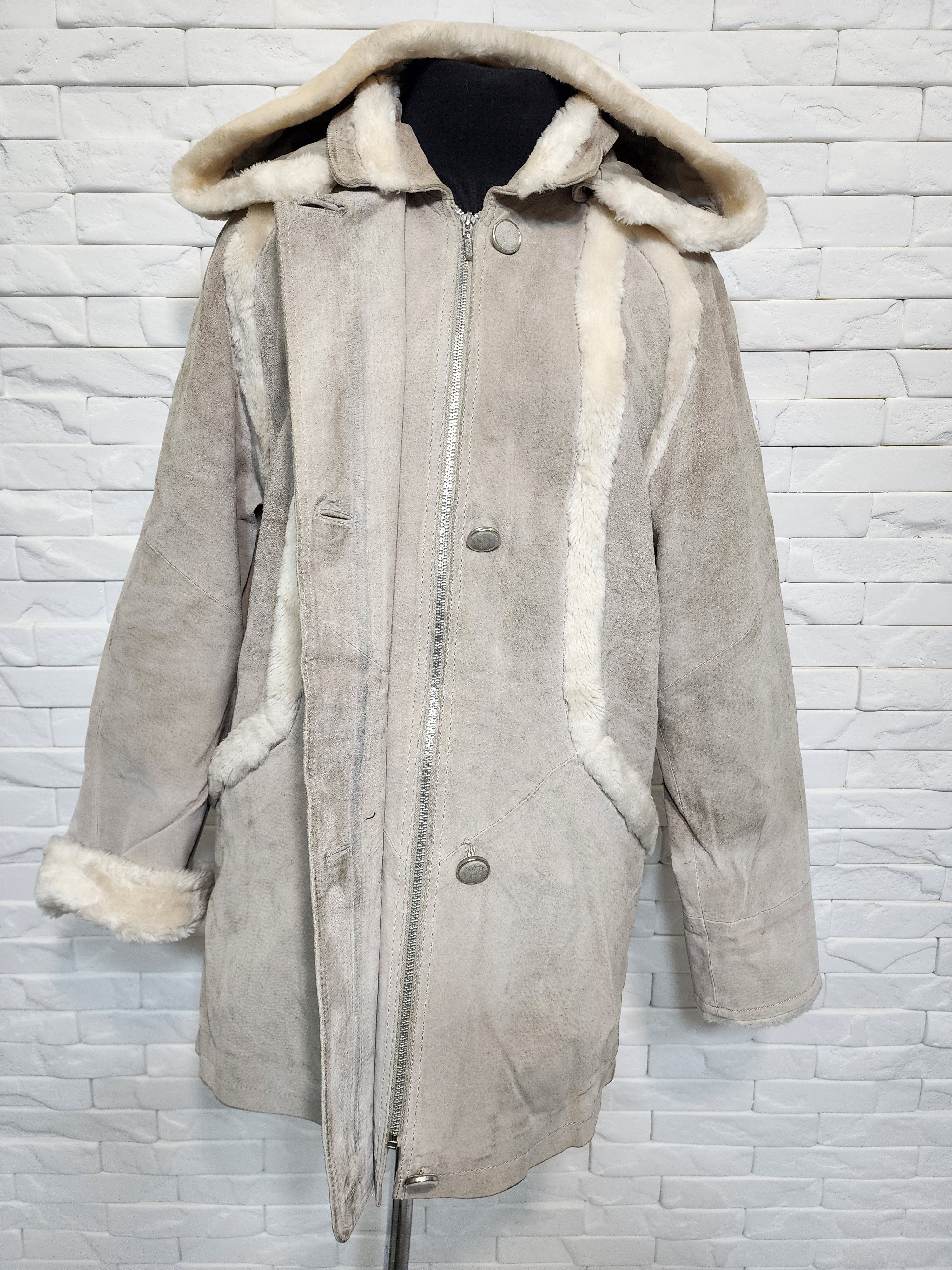 Genuine Leather Suede Hooded Jacket: Gray Leather Toggle Coat Size XL / US 12-14 / IT 48-50 - 4 Thumbnail