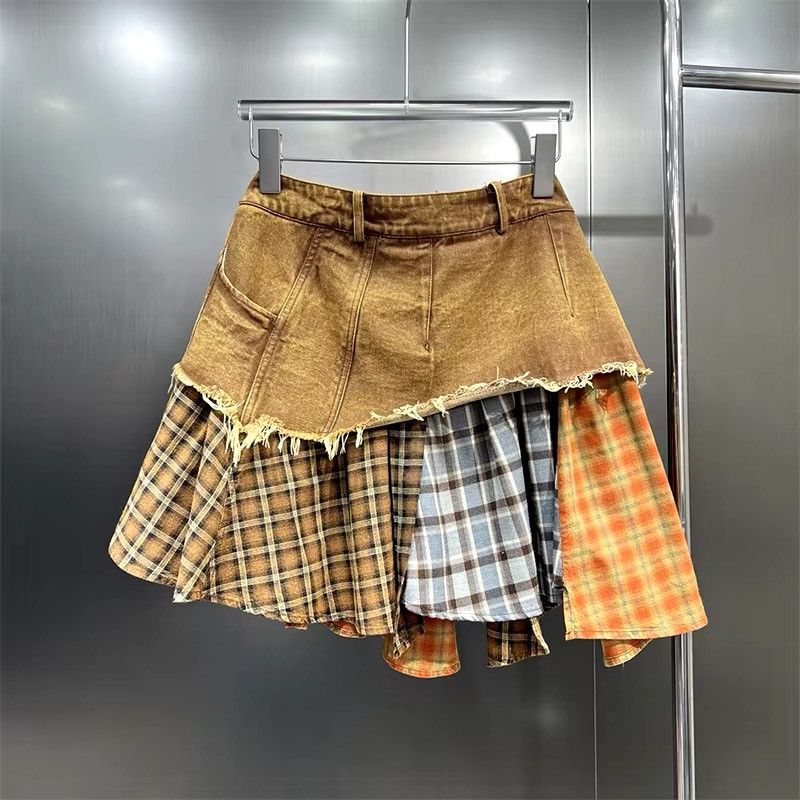 Other Vintage Retro Patchwork Asymmetrical Plaid Mini Skirt Size 28" / US 6 / IT 42 - 3 Thumbnail