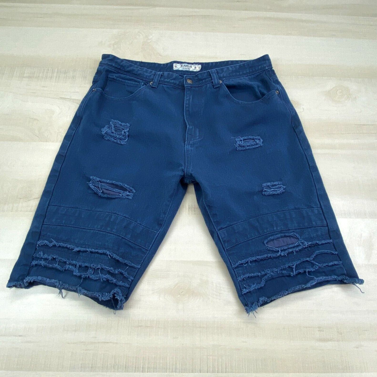 Vintage Jeanius Mens Denim Shorts 36 Distressed Blue Denim Frayed 12.5 Inch  Inseam | Grailed