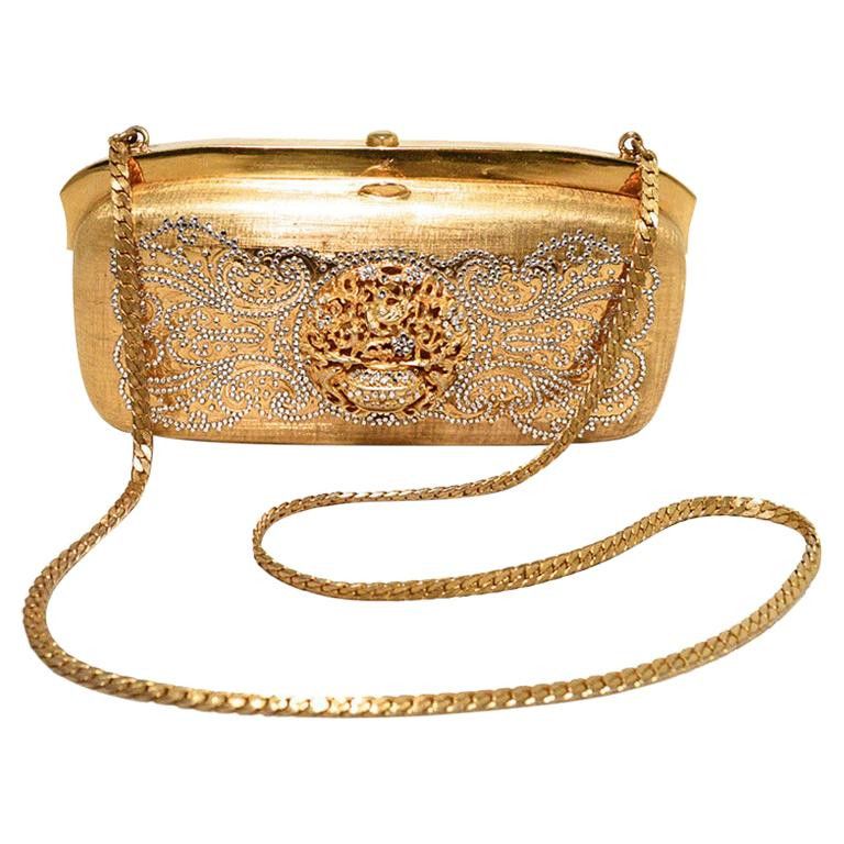 image of Judith Leiber Judith Lieber Gold Filigree Swarovski Crystal Box Minaudiere Evening Bag Clutch, Wome