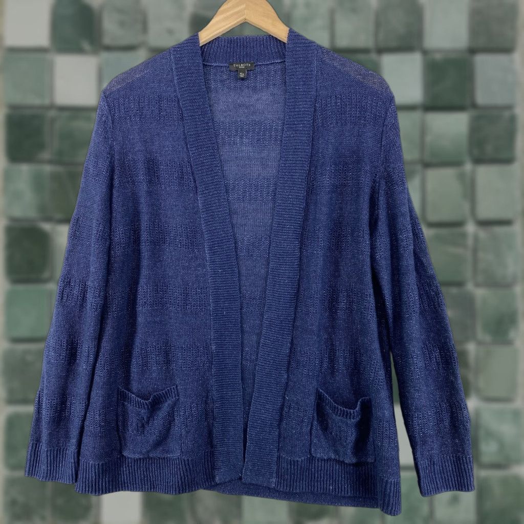 Talbots Sweater Womens Petite PXL Indigo Blue Open Front Ribbed Trim Pockets