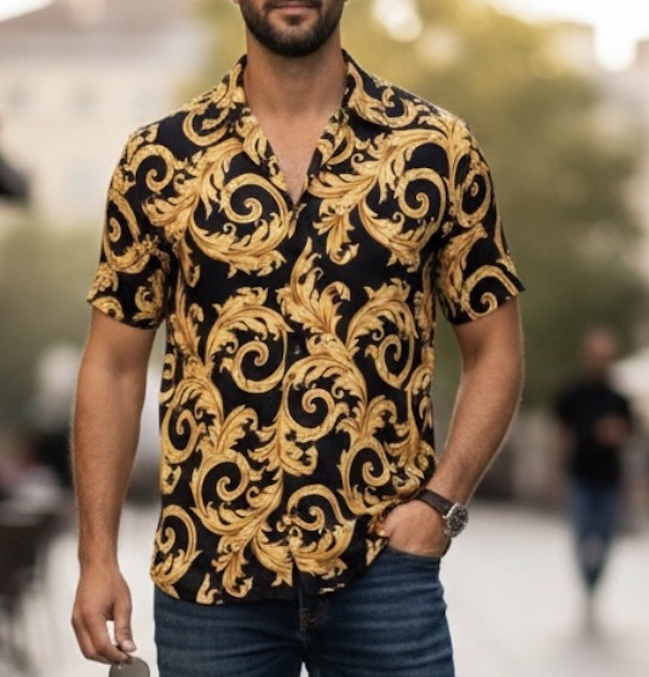 Versace VERSACE 1010103 Men's Baroque Black Gold Shirt, IT52 (lg) Size US L / EU 52-54 / 3 - 1 Thumbnail