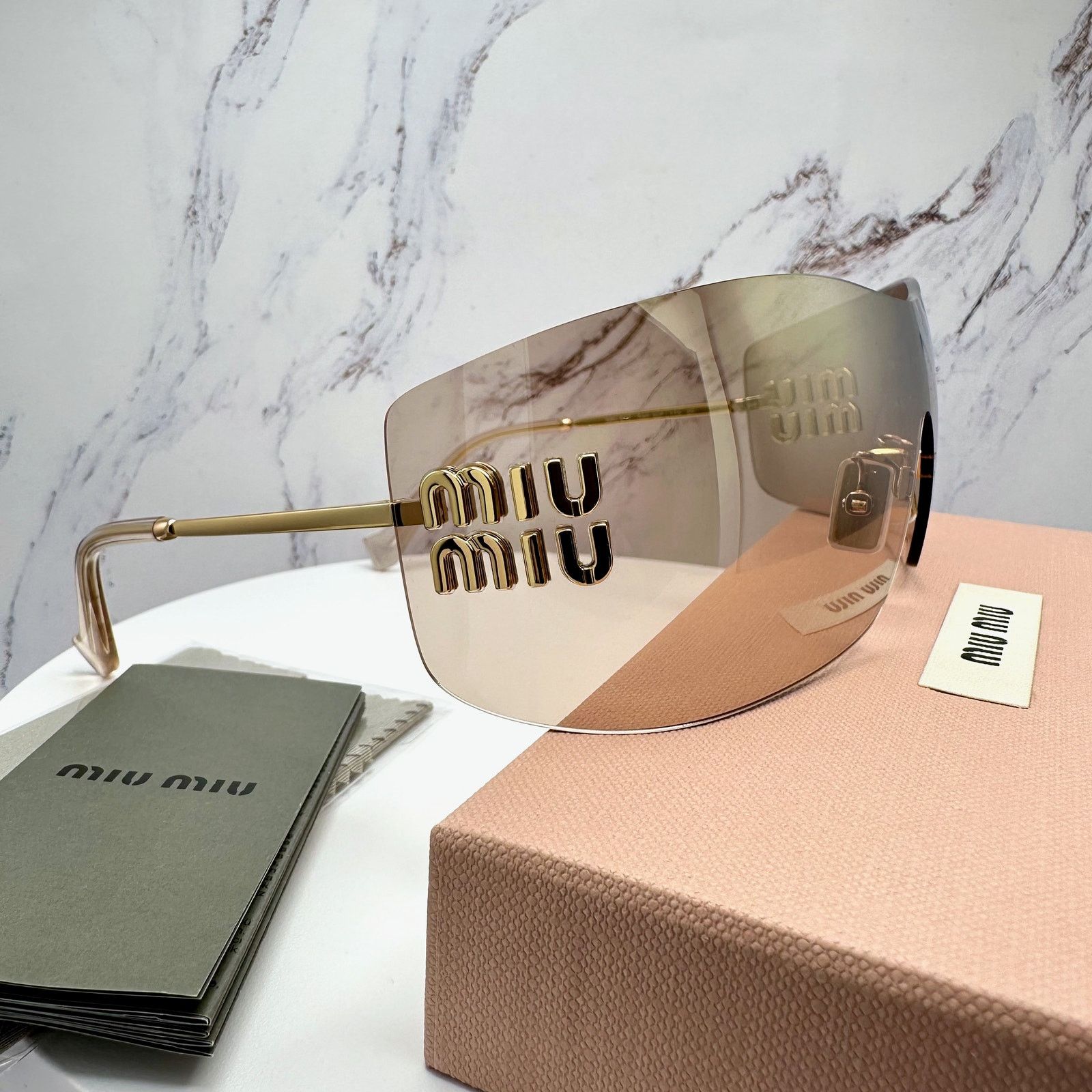 Miu Miu New MIU MIU Sunglasses Gold Light Mirror Bronze Rimless Wrap Size ONE SIZE - 10 Thumbnail