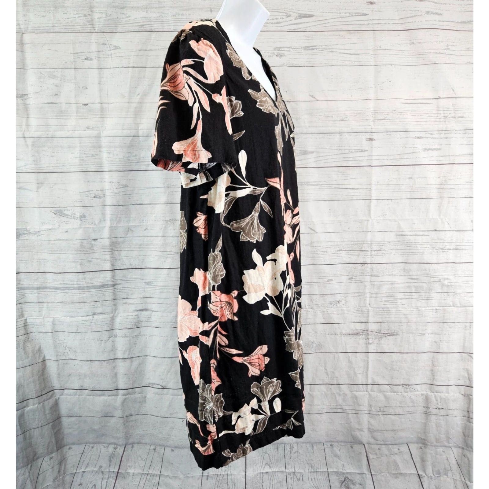 Nicole Miller Nicole Miller Womens Dress L Black Floral Short Sleeve Linen Blend Size 36" / US 14 / IT 50 - 3 Thumbnail