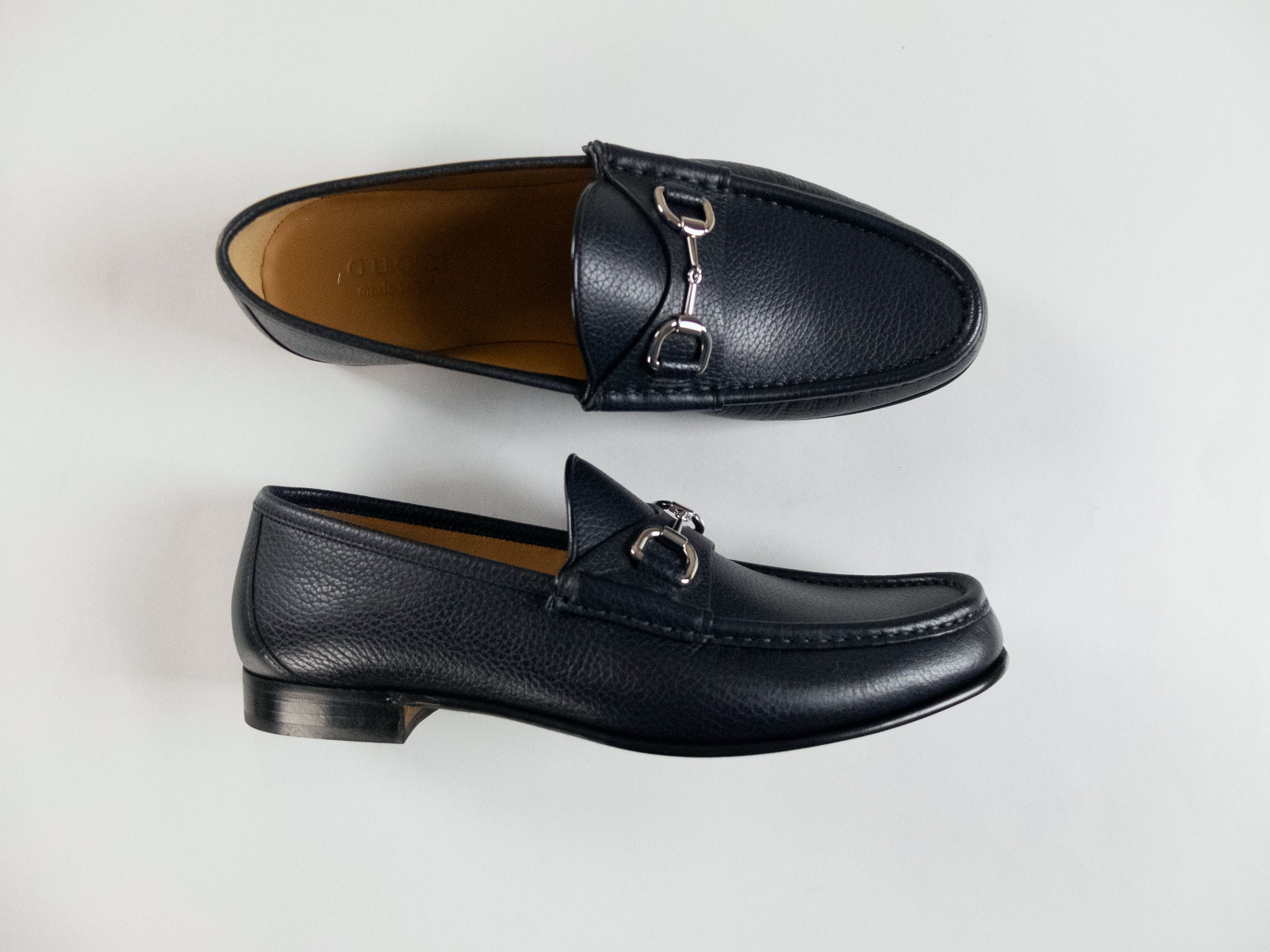 image of Gucci Navy Blue Classic Horsebit Leather Loafers Shoes 9.5, Men's