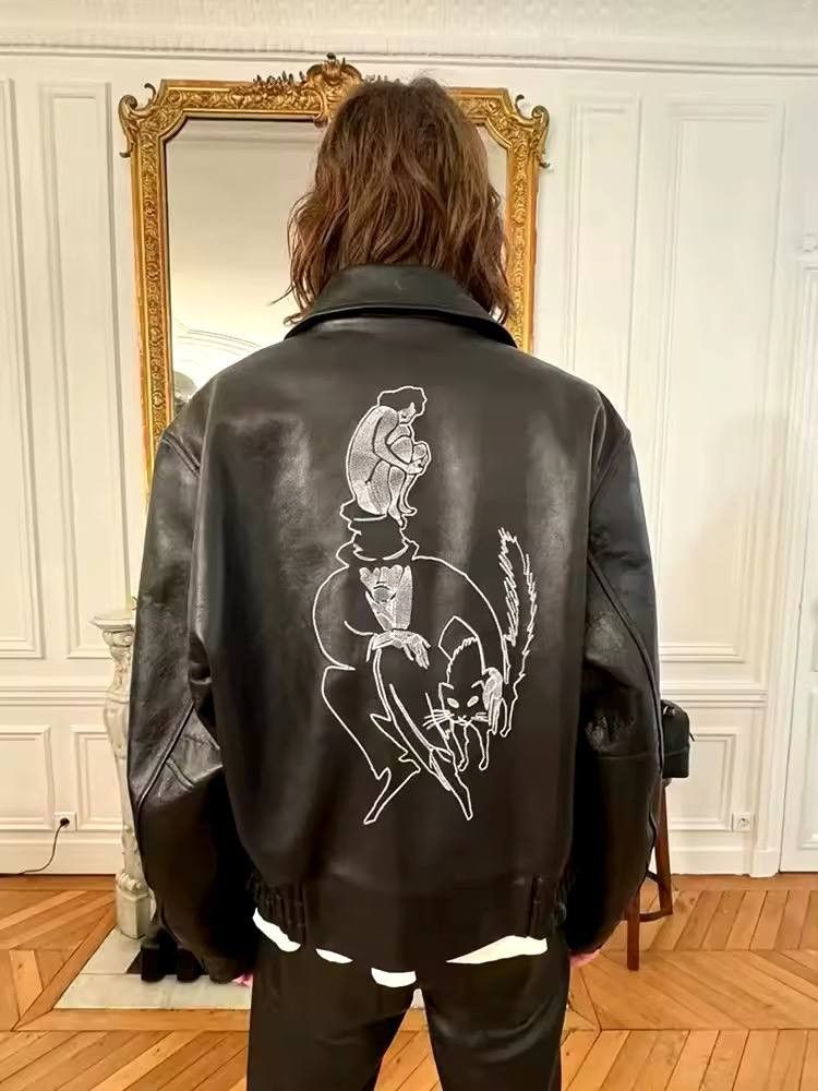unisex zippered leather jacket with embroidery