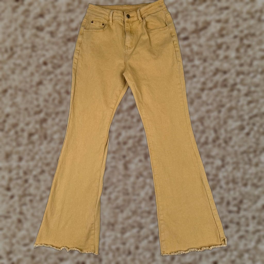 Lands' End VINTAGE Jeans Womens 25 Beige Butterscotch Flared High Rise Cotton Blend Raw Hem 25x28 Lands' End Denim 5-Pocket Womens Jeans Size 42" / US 20 - 1 Thumbnail
