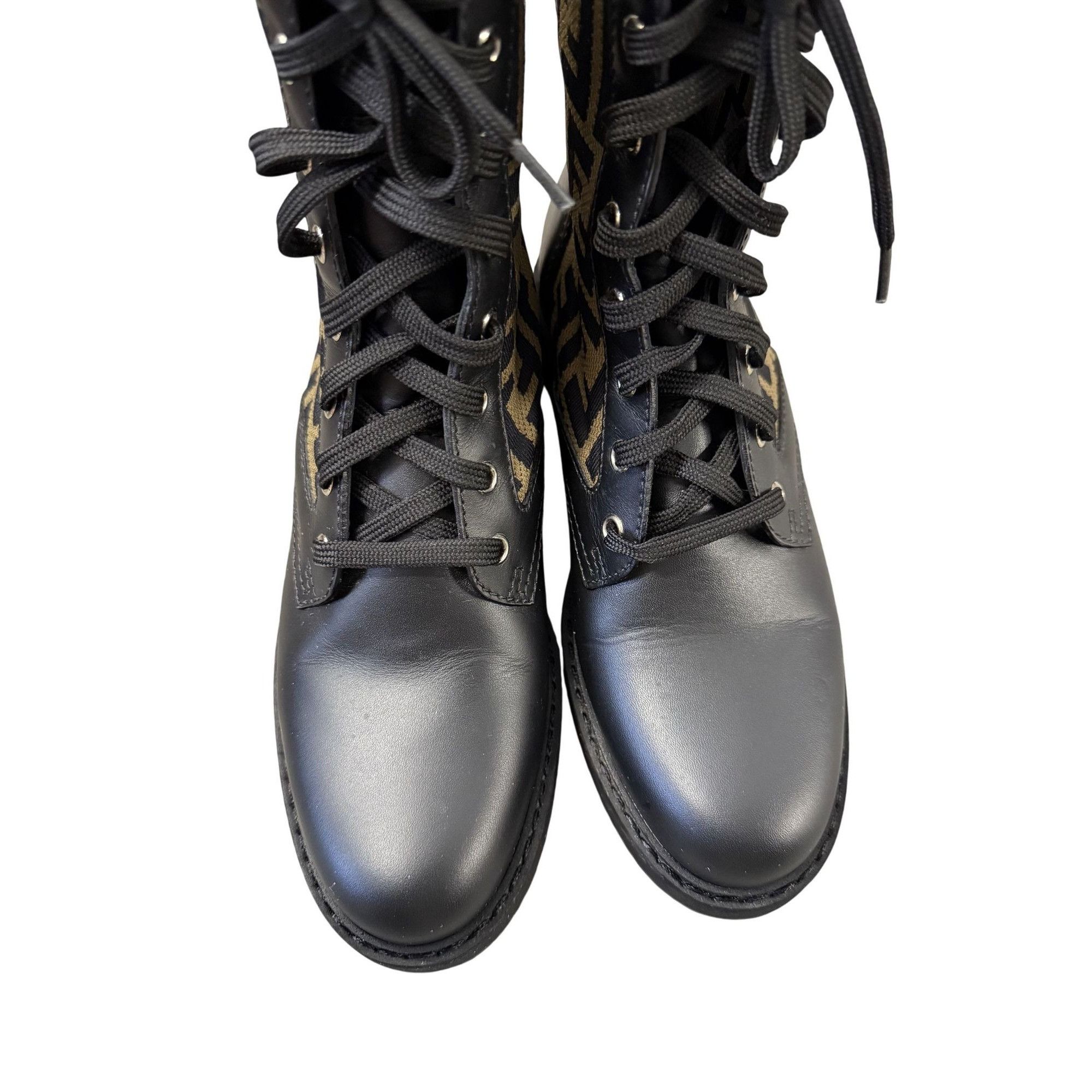 Fendi Fendi FF Logo Print Black Leather & Knit Lace-Up Combat Boot Size US 9 / IT 39 - 5 Thumbnail