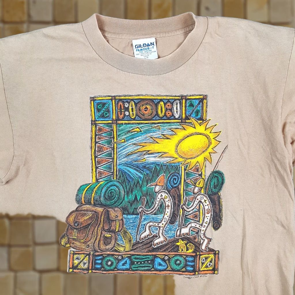 Gildan Vintage Gildan T-Shirt Men's 90s Outdoor Hiking Backpacking Art Size L Beige Cotton Short Sleeve Crew Neck Retro Camping Nature Size US L / EU 52-54 / 3 - 1 Thumbnail