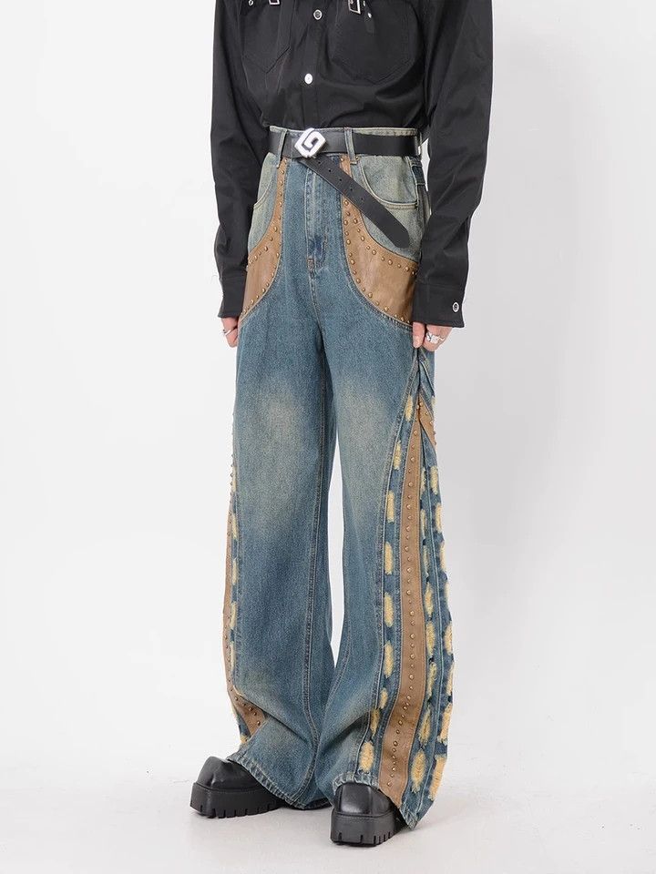 Japanese Brand × Jean Studded baggy jeans leather patchwork distressed Size US 28 / EU 44 - 3 Thumbnail